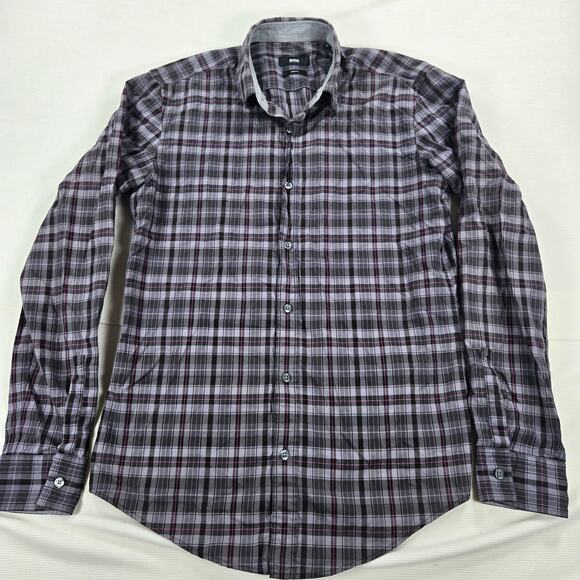 Hugo Boss Slim Fit Purple Plaid Long Sleeve Button Up Shirt Men's Size Medium - Picture 1 of 7